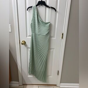 Badgley Mischka One-Shoulder Pleated Mint Dress